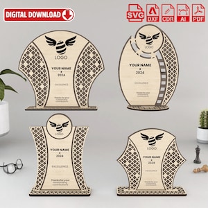 May include: Four digital download files for a laser cut award plaque. The plaque is a light brown wood with a geometric pattern and a bee logo. The text on the plaque reads "Your Name 2024 Excellence".