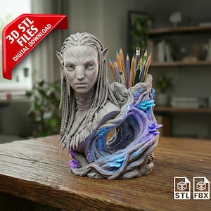 Portalápices estilo Neytiri, archivo STL, organizador de escritorio de la princesa Na'vi de Avatar, busto de guerrero Pandora, regalo de película de ciencia ficción, arte tribal impreso en 3D