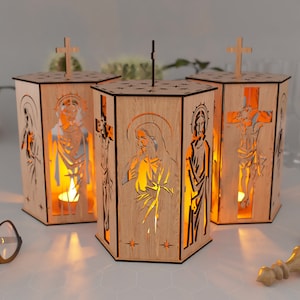Jesus und Heiliger Pilger, Nachtlicht, Lampenschirm, Tischkerze, Halter SVG, Hängedeko-Laterne aus Holz, Laserschnitt, Bild 6