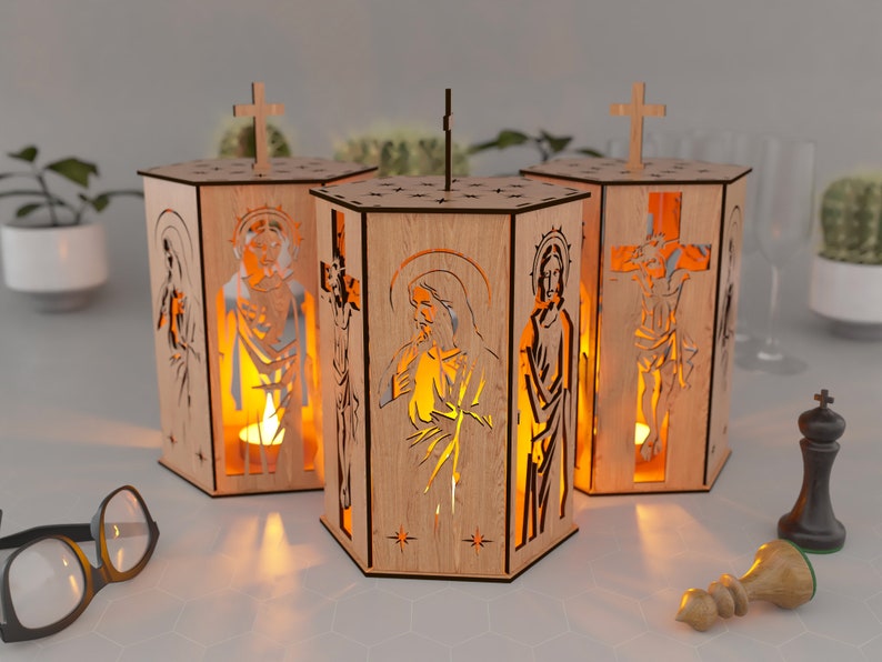 Jesus and Holy pilgrim, Night Light, Lamp Shade, Table Candle, Holder SVG, Wooden Hanging Decoration Lantern, Laser Cut, zdjęcie 6