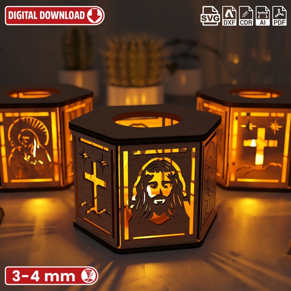 Jesus, Virgin Mary and Holy pilgrim, Night Light, Lamp Shade, Table Candle, Holder SVG, Wooden Hanging Decoration Lantern, Laser Cut