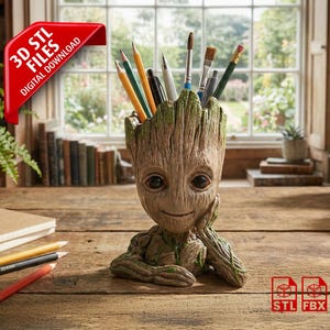 May include: A Groot-shaped pencil holder made of a wood-like material, holding pencils and paintbrushes. The figure has a smiling face and is resting its chin on its hand. The background includes books, plants, and a window.