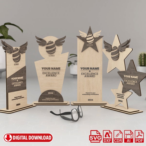 Award Trophy Laser Cut 4 Different Design Svg Files, Wooden Award Svg Files, Wooden Laser Cutting Ai dxf cdr eps pdf