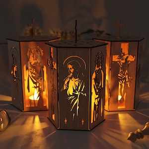 Jesus and Holy pilgrim, Night Light, Lamp Shade, Table Candle, Holder SVG, Wooden Hanging Decoration Lantern, Laser Cut, zdjęcie 5