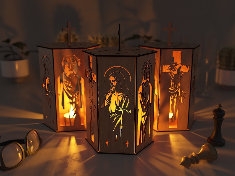 Jesus and Holy pilgrim, Night Light, Lamp Shade, Table Candle, Holder SVG, Wooden Hanging Decoration Lantern, Laser Cut, image 5