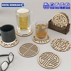 6 Different Patterned Boxed Coasters Laser Cut Svg Files. Vector Files For Laser Cutting Ai, Cdr, Dxf, Pdf, Eps zdjęcie 1