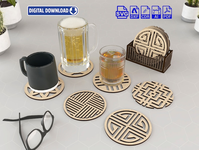 6 Different Patterned Boxed Coasters Laser Cut Svg Files. Vector Files For Laser Cutting Ai, Cdr, Dxf, Pdf, Eps zdjęcie 1