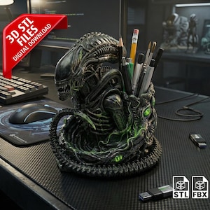 May include: A detailed, dark green and black Alien-themed pen holder with a menacing design. The pen holder is filled with pens and pencils. A red banner reads "3D STL FILES DIGITAL DOWNLOAD".