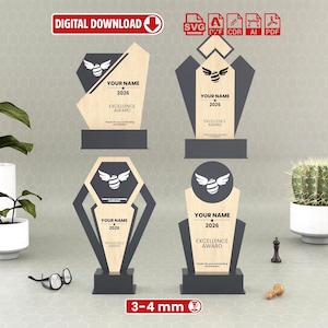 Moderne lasergesneden speciale vormen Award trofee sjablonen: 4 ontwerpen - digitale download - (Svg Ai Dxf Cdr Eps Pdf)