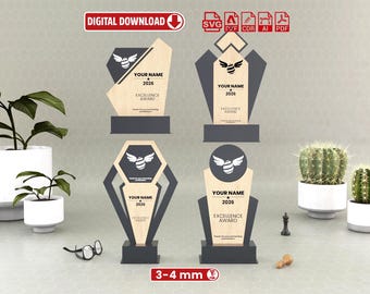 Modern Laser Cut Special Shapes Award Trophy Templates: 4 Designs - Digital Download - (Svg Ai Dxf Cdr Eps Pdf)