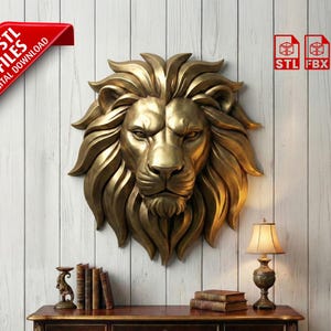 May include: A golden lion head sculpture with detailed mane, mounted on a white wooden wall. The image includes a red banner with the text "3D STL FILES DIGITAL DOWNLOAD" and icons for STL, FBX, and OBJ file formats.