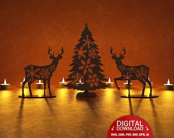 Laser cut Christmas tree reindeer table decoration svg template Christmas tree composition Wood scene decorations pattern