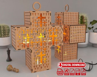 Holy Cross Candle Holder, Christian holy pilgrim Night Light Lamp Shade Table Candle Holder Wooden Hanging Decoration Lantern Laser Cut