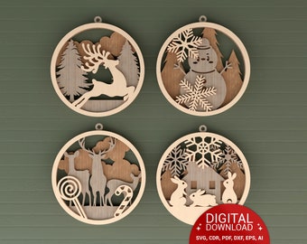 Christmas Ornaments SVG Laser Cut Files, Personalizable 4 Designs