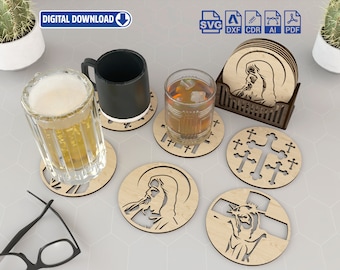 6 Different Jesus and Christian holy pilgrim Boxed Coasters Laser Cut Svg Files. Vector Files For Laser Cutting Ai, Cdr, Dxf, Pdf, Eps