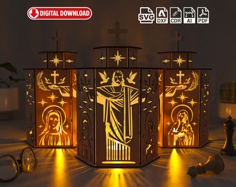 JESUS and Holy PILGRIM, Night Light, Lamp Shade, Table Candle, Wooden Hanging Decoration Lantern, Laser Cut, Holder, Svg, Dxf, Ai, Eps, Cdr,