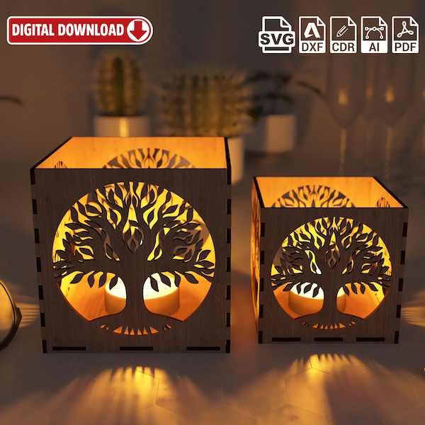 Tree of Life, Wooden Decoration tea light lantern SVG