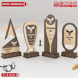 Troféu de prêmio de formas especiais Corte a laser 4 designs diferentes. Arquivos SVG, Arquivos SVG de prêmio de madeira, Corte a laser de madeira Ai dxf cdr eps pdf