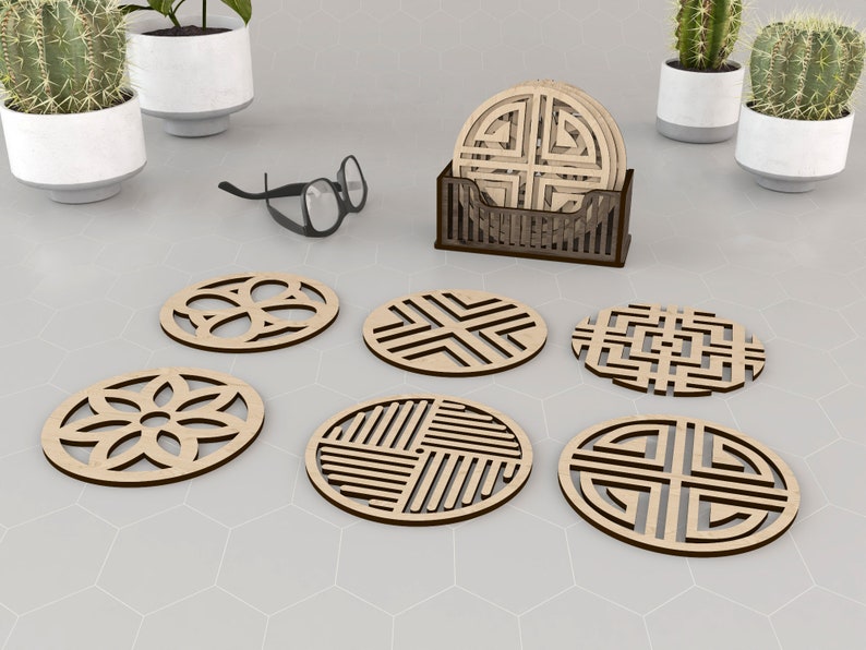6 Different Patterned Boxed Coasters Laser Cut Svg Files. Vector Files For Laser Cutting Ai, Cdr, Dxf, Pdf, Eps zdjęcie 4