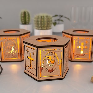 Jesus, Virgin Mary and Holy pilgrim, Night Light, Lamp Shade, Table Candle, Holder SVG, Wooden Hanging Decoration Lantern, Laser Cut image 2