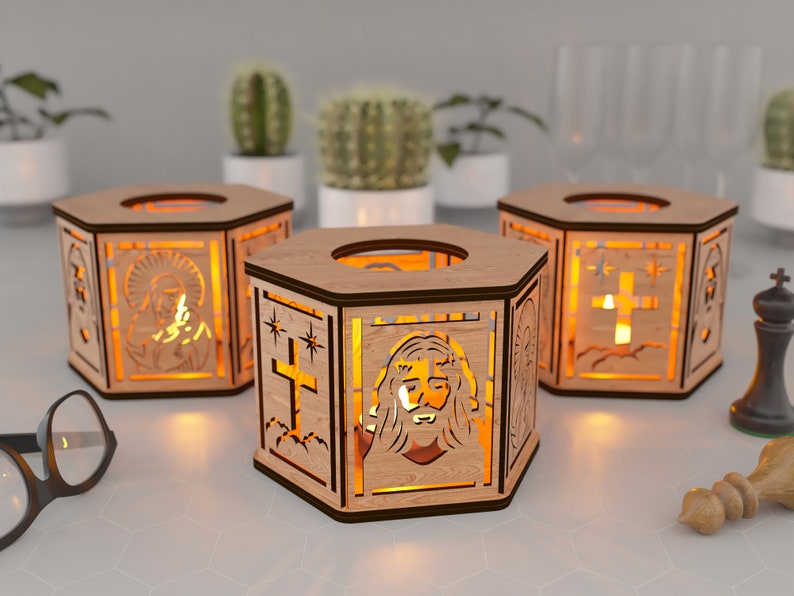 Jesus, Virgin Mary and Holy pilgrim, Night Light, Lamp Shade, Table Candle, Holder SVG, Wooden Hanging Decoration Lantern, Laser Cut zdjęcie 2