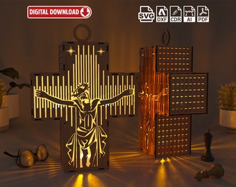 Jesus and Holy pilgrim, Christian holy pilgrim Night Light Lamp Shade Table Candle Holder Wooden Hanging Decoration Lantern Laser Cut