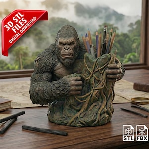 May include: A detailed gorilla-shaped pencil holder, holding pencils and pens. The sculpture is a dark green and brown color, with a textured surface. The image includes a red banner that says "3D STL FILES DIGITAL DOWNLOAD".