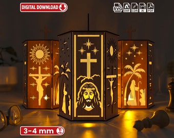 Jesus und Heiliger Pilger, Nachtlicht, Lampenschirm, Tischkerze, Halter SVG, Hängedeko-Laterne aus Holz, Laserschnitt,