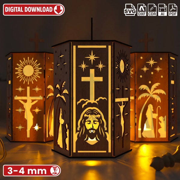 Jesus and Holy pilgrim, Night Light, Lamp Shade, Table Candle, Holder SVG, Wooden Hanging Decoration Lantern, Laser Cut,