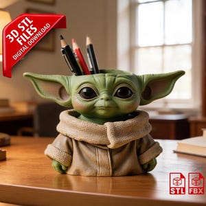 May include: A green, stylized character-shaped desk organizer with large ears and big eyes, holding pencils. The organizer is wearing a tan jacket. A red banner in the upper left corner reads "3D STL FILES DIGITAL DOWNLOAD".