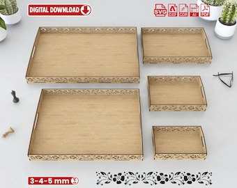 Set di vassoi tagliati al laser: 5 dimensioni, piano in compensato (SVG, DXF, PDF)