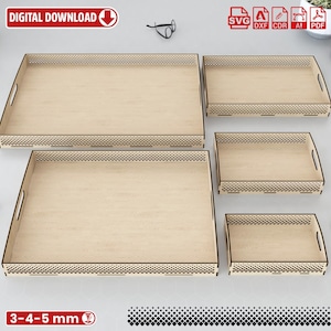 Könnte beinhalten: Vier Holztabletts in verschiedenen Größen mit einem dekorativen Gittermuster an den Rändern. Die Tabletts sind aus hellem braunem Holz gefertigt und eignen sich zum Servieren oder Organisieren von Gegenständen. Der Text "3-4-5 mm" ist am unteren Rand des Bildes sichtbar.