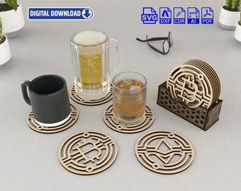 Digital Currency with 6 Different Patterns. Boxed Coasters Laser Cutting Svg Files, Vector Files for Laser Cutting. Bitcoin, Ethereum