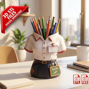 May include: A pencil holder in the shape of a school uniform, featuring a white shirt with red trim and a black skirt. The holder is filled with pens and pencils. A small chalkboard reads "Teacher". The image also includes the text "3D STL FILES DIGITAL DOWNLOAD".