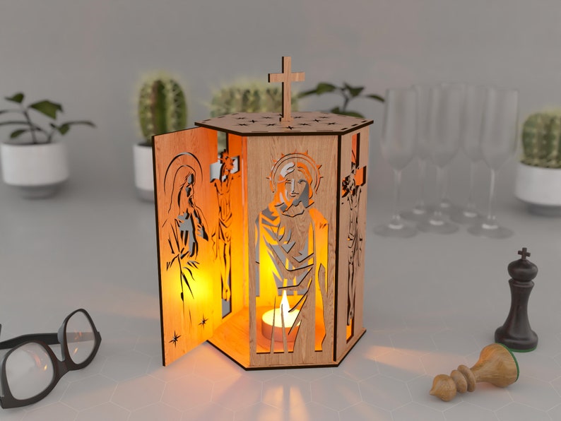 Jesus and Holy pilgrim, Night Light, Lamp Shade, Table Candle, Holder SVG, Wooden Hanging Decoration Lantern, Laser Cut, image 9