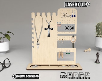 Jewelry organize SVG Earring Stand. with Ring Tray Laser CutFile-Stud Dangle Earring Holder - Minimalist Jewelry Display Stands for Earrings