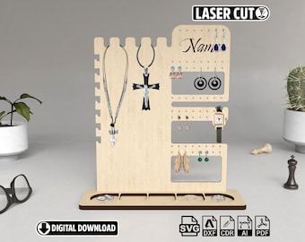 Jewelry Organizer SVG Earring Stand. with Ring Tray Laser Cut File-Stud Dangle Earring Holder-Minimalist Jewelry Display Stands for Earrings