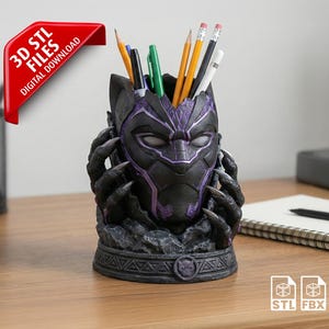 Högteknologisk panterrustning pennhållare STL - katt superhjälte skrivbordsorganisatör - tribal katt krigare 3D-utskriftsmodell - Sci-Fi digital fil