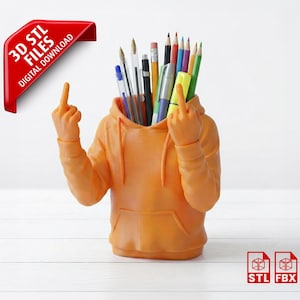 May include: Orange hoodie-shaped desk organizer holding pencils and pens. The organizer features a hand giving the middle finger. A red banner in the upper left corner reads "3D STL FILES DIGITAL DOWNLOAD."
