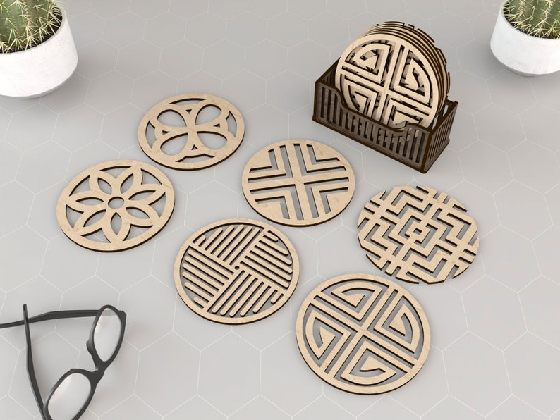 6 Different Patterned Boxed Coasters Laser Cut Svg Files. Vector Files For Laser Cutting Ai, Cdr, Dxf, Pdf, Eps zdjęcie 2