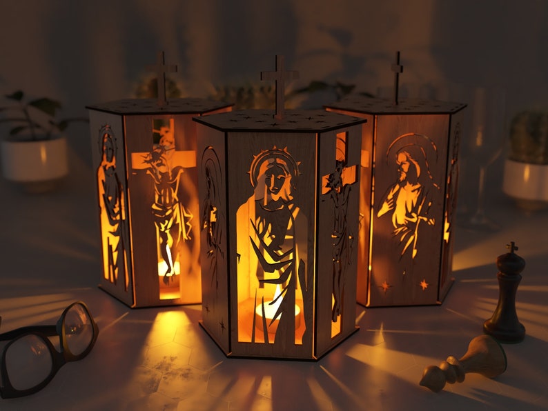 Jesus und Heiliger Pilger, Nachtlicht, Lampenschirm, Tischkerze, Halter SVG, Hängedeko-Laterne aus Holz, Laserschnitt, Bild 3