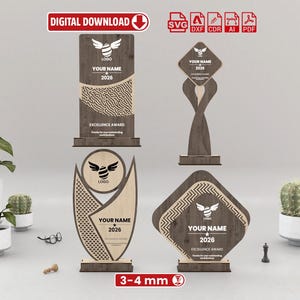 Nowoczesne szablony trofeów o specjalnych kształtach wycinanych laserowo: 4 wzory – do pobrania w wersji cyfrowej – (SVG Ai Dxf Cdr Eps Pdf)