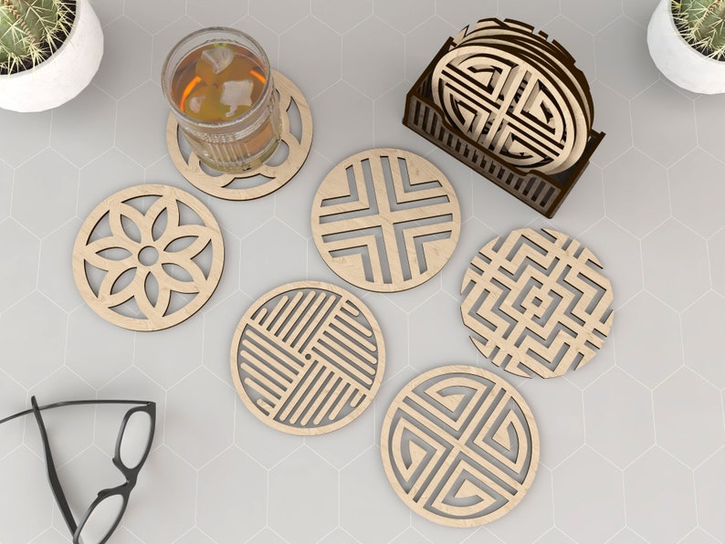 6 Different Patterned Boxed Coasters Laser Cut Svg Files. Vector Files For Laser Cutting Ai, Cdr, Dxf, Pdf, Eps zdjęcie 3