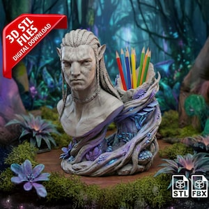 Sci-Fi blauwe Alien Warrior potloodhouder STL - Cosmic Tribal Chieftain Desk Organizer - Space Jungle Soldier 3D-afdrukmodel - digitaal bestand