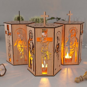 Jesus und Heiliger Pilger, Nachtlicht, Lampenschirm, Tischkerze, Halter SVG, Hängedeko-Laterne aus Holz, Laserschnitt, Bild 2