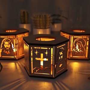 Jesus, Virgin Mary and Holy pilgrim, Night Light, Lamp Shade, Table Candle, Holder SVG, Wooden Hanging Decoration Lantern, Laser Cut zdjęcie 5