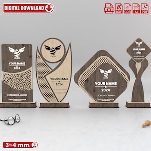 Troféu de prêmio retangular cortado a laser 4 designs diferentes. Arquivos SVG, arquivos SVG de prêmio de madeira, corte a laser de madeira Ai dxf cdr eps pdf