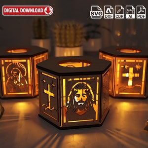 Jesus, Virgin Mary and Holy pilgrim, Night Light, Lamp Shade, Table Candle, Holder SVG, Wooden Hanging Decoration Lantern, Laser Cut image 1
