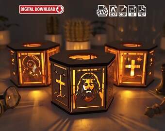 Jesus, Virgin Mary and Holy pilgrim, Night Light, Lamp Shade, Table Candle, Holder SVG, Wooden Hanging Decoration Lantern, Laser Cut