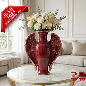 Könnte beinhalten: Eine bordeauxfarbene Keramikvase mit goldfarbenen Engelsflügeln, die einen Strauß weißer und gelber Blumen und Grünzeug enthält. Die Vase steht auf einem Tisch mit Marmorplatte. Das Bild enthält den Text "3D STL FILES DIGITAL DOWNLOAD".